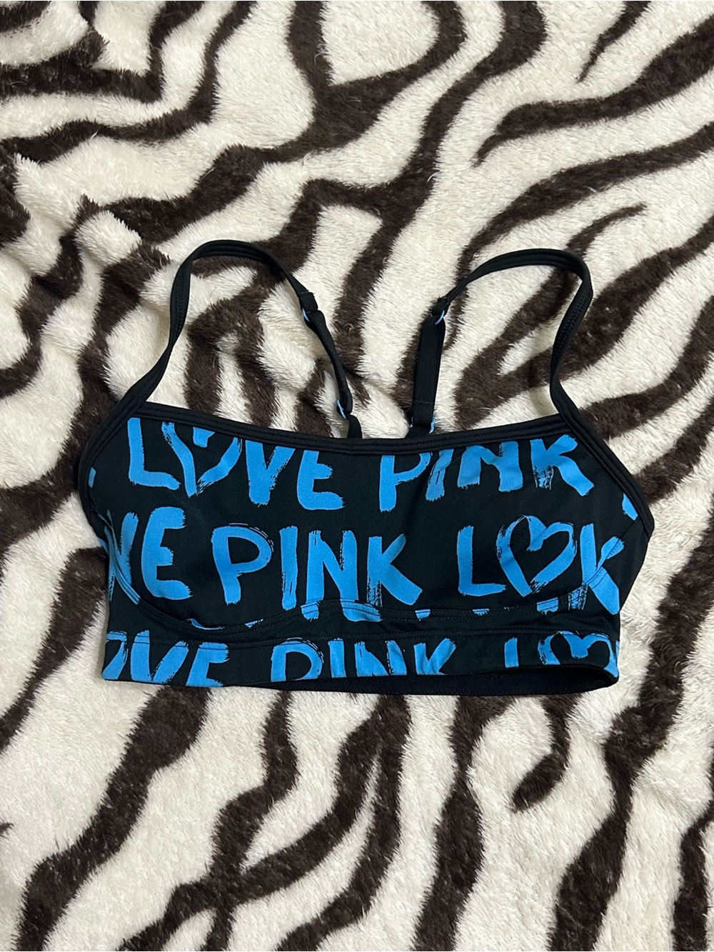 PINK Victoria's Secret Black Bralette with Bright Blue 'LOVE PINK' Graphic